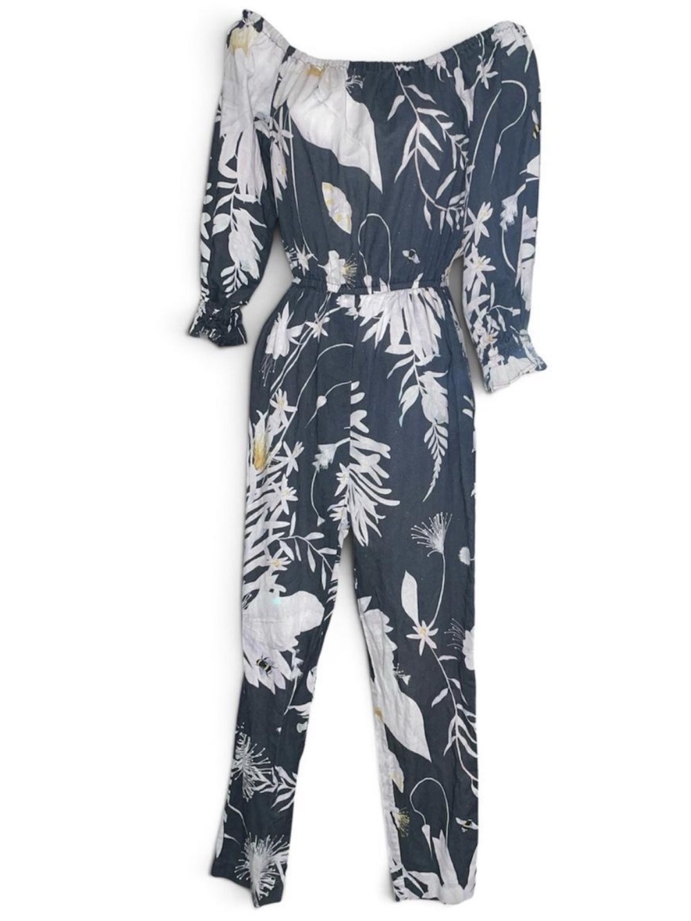 Anna Glover x H&M Black Floral Botanical Linen Blend Off-Shoulder Jumpsuit Sz 6